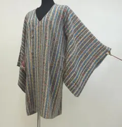Ｋ中古美品 おしゃれ変わり衿道行コート 縦縞に花柄 青・白■N80331-08