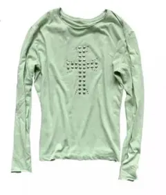 y2k グランジ ミントグリーン 十字架プリント 長袖トップス