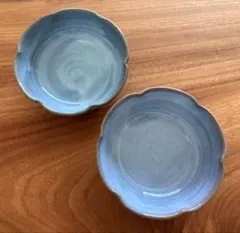 丹波　陶器市　青色系 花びら型 陶器ボウル 2個セット