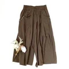 ワイドガウチョパンツ 大きいサイズ XL カーキ 体型カバー ウエストゴム