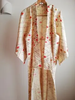 〈手縫い〉 単衣小紋ウール 着物/生成/普段着/昭和レトロヴィンテージ柄/洗える