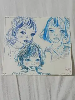 色鉛筆画3人の 人物画 青色 2025年4月23日.
