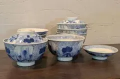 時代物】手描染付 蓋茶碗5客＋銘入小皿6枚 「亀製」「亀」銘有 江戸〜明治 骨董 時代物】手描染付 蓋茶碗5客＋銘入小皿6枚 「亀製」「亀」銘有 江戸