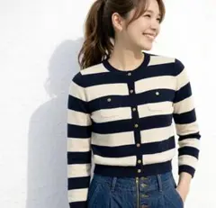 【新品タグ付】ボーダーカーディガン ネイビー M 金ボタン 上品　定価3万