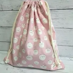 体操着入れ　巾着袋　お着替え袋　☆まんまる猫柄　ピンク