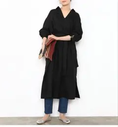 アダムエロペ リネンスキッパーシャツワンピース 黒