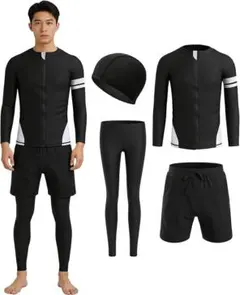 新品 ラッシュガード、レギンス、サーフパンツ、スイムキャップ4点セット 水陸両用