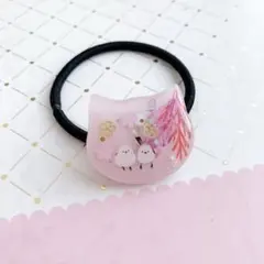 【3511】2羽のシマエナガ 桃色猫ちゃん型ヘアゴム ピンクと朱色のリーフ 桜