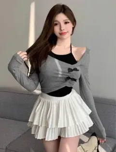 SHEIN リボン付きグレーオフショルダートップス