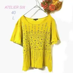 ATELIER SIX 半袖Tシャツ L 40 カラシ色 シルバー花柄 春·夏のサムネイル