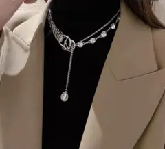 シルバー 2連ネックレス クリスタル装飾