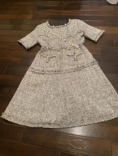 美品 OTTOツィード パール装飾 半袖ワンピース シルバーグレー系　Aライン