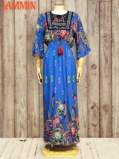 刺繍入り植物柄ロングワンピ　ボタニカル柄　アジアン　エスニック　青