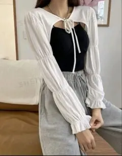 【新品】 Dazy リボン付きホワイトクロップドカーディガン SHEIN L