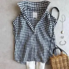 美品▲ SHIPS//リネンギンガムフレンチスリーブシャツ▲チェック 白黒 麻