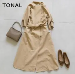 J1021@ TONAL 大人かわいい ノーカラー ロングコート 薄手 38