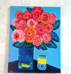キャンバス油絵　ミミ　赤い花をたくさん入れた飛び跳ねそうな花瓶　モダン キャンバス油絵 ミミ様専用 赤い花をたくさん入れた飛び跳ねそうな花瓶
