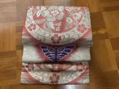 名古屋帯 花柄 蝶模様 ピンク　大正ロマン