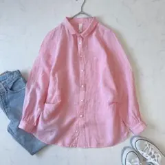 Kelen ケレン リネン100 長袖シャツ 前開き ピンク ナチュラル系のサムネイル