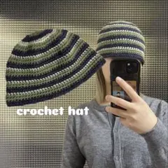 クロシェハット　ビーニー　ハンドメイド編み物　春服　ニット帽　ストライプ　古着