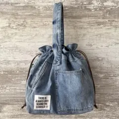 314 デニムリメイク★ワンハンドル巾着トートバッグ★