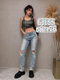 2607⑪ GUESSダメージスキニーデニム ライトブルー ストレッチ美脚デニムのサムネイル