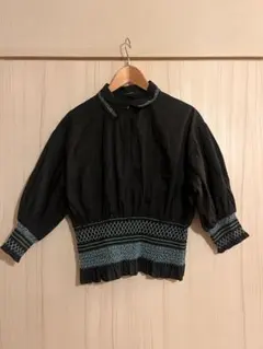 JEANASIS 黒刺繍入り五分袖ブラウス Fサイズ