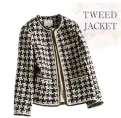 ツイードジャケット ノーカラー ネイビーアイボリー