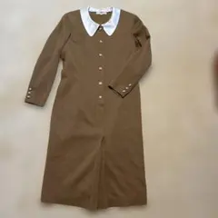 昭和レトロ美品パールボタンブラウン長袖ロングワンピース鐘紡