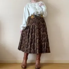 ペイズリー柄 プリーツロングスカート 昭和レトロ ヴィンテージ 茶色