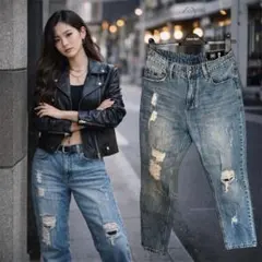 美品【RES DENIM】即発可能⭐︎ダメージテーパードデニム