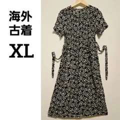 一点物❣️ 花柄 半袖 ロングワンピース XL かわいい レトロ ブラック
