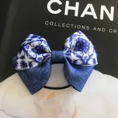 No.89  ハンドメイド　ヘアゴム   ネイビー　柄　デニム　大人の方にも
