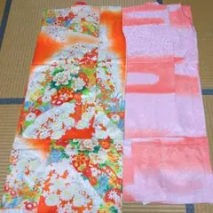 ♥昭和レトロ　七五三 着物 晴れ着 7歳 オレンジ 花 御所車 　長襦袢セット♥
