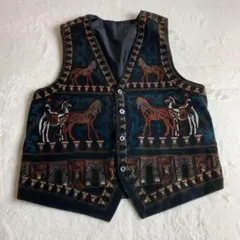【ジレ　ベスト　レトロ柄　アニマル柄　総柄　ダークカラー　お洒落　古着】