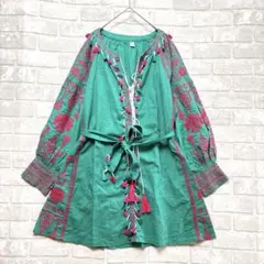 チュニックワンピース L エスニック アジアン柄 グリーン 刺繍 タッセル 派手のサムネイル
