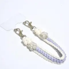 スマホ ハンドストラップ 手編み 花モチーフ ラベンダー かぎ針編み