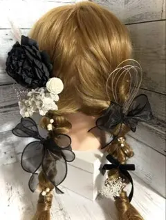 髪飾りドライフラワー袴ヘアパーツ卒業式ブライダル成人式＊リボン＊ブラックローズ