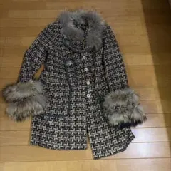 ウール混紡 チェック柄 ピーコート ファー付き