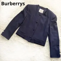 【美品】バーバリーズ　ノーカラージャケット　ウール100%　ネイビー　11号　L