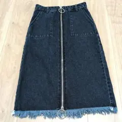 値引★Bershka デニムスカート ロング フロントジップ リング フリンジのサムネイル