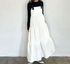 美品ティアードワンピースジャンパースカートアイボリーオフホワイトタフタワンピース