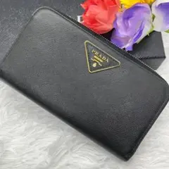 極美品✨ プラダ　長財布　ラウンドファスナー　三角ロゴ　レザー　サフィアーノ　黒