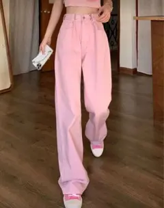 ハイウエスト ピンクデニム ワイドレッグパンツ レディース Lサイズ