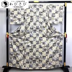 小紋 市松模様の中に花柄 風景 金彩 トールサイズ しつけ糸 K-2777