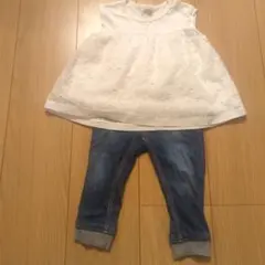 【美品】ホワイトレーストップスとおまけデニムパンツセット　プティマイン