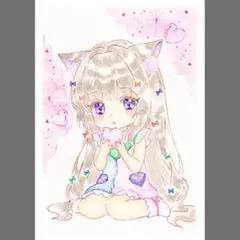 手描きイラスト 【星に願いを】 ネコ耳 ちびキャラ ハガキ オリジナル