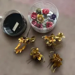 髪飾りセット 薔薇モチーフ 金色花飾り