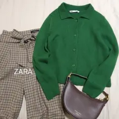 ZARA 襟付きウール100%ニットカーディガン トップス グリーン 海外S