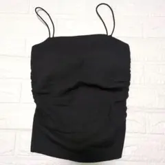 HEBELD　カップ付きキャミソール リブニット ギャザー 黒 インナー